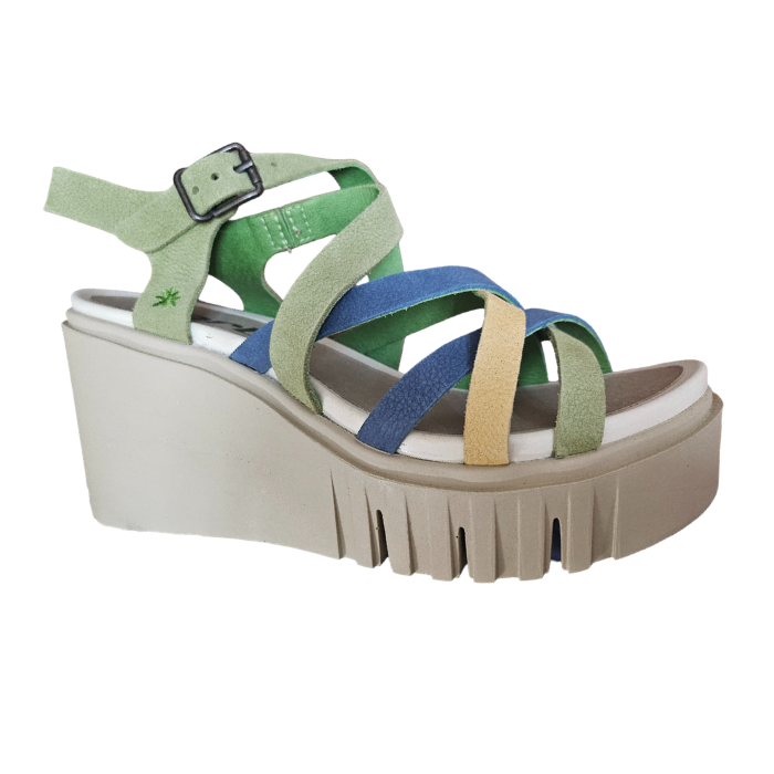 Multicolored sandal with green, blue, and beige straps, one buckle strap and thick, lugged grey outsole.