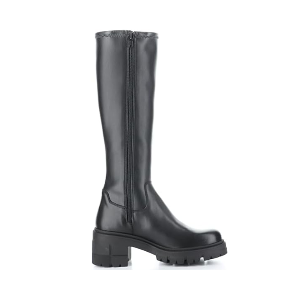 Knee height black leather boots with inside zipper, platform block heel outsole.