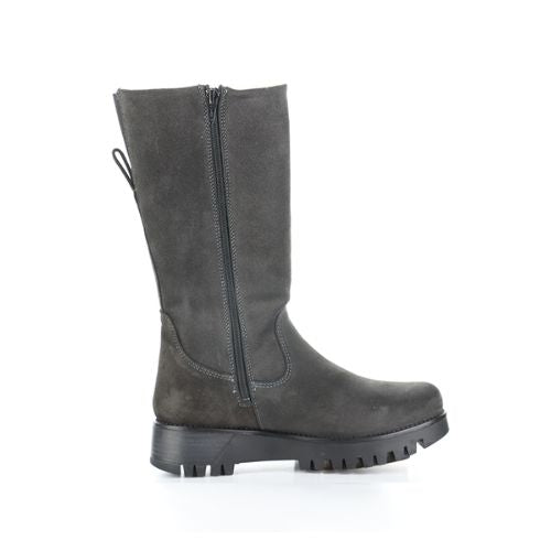 Profile of a tall dark greyish green suede boot with side zipper, heel tab and aggressive black thick rubber outsole.