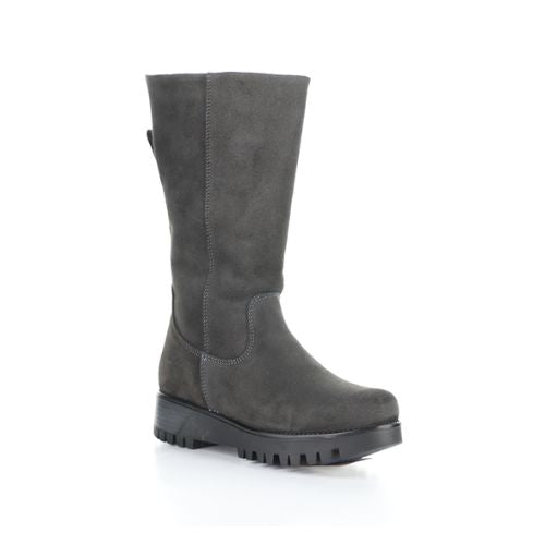 A tall dark greyish green suede boot with side zipper, heel tab and aggressive black thick rubber outsole.