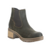Mercy Chelsea boot in olive. Dark green nubuck uppers, brown elastic goring, beige stitching, and brown outsole with 2.5 inch block heel. 