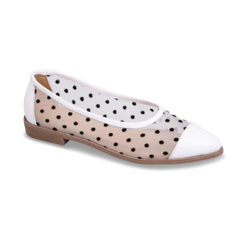 White with black Polka dot flat shoe with white cap toe and heel, mesh upper and beige outsole.