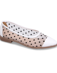 White with black Polka dot flat shoe with white cap toe and heel, mesh upper and beige outsole.