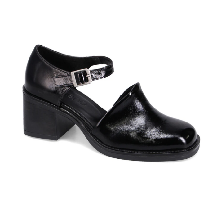Black leather closed toe heel with a block heel and silver buckle strap
