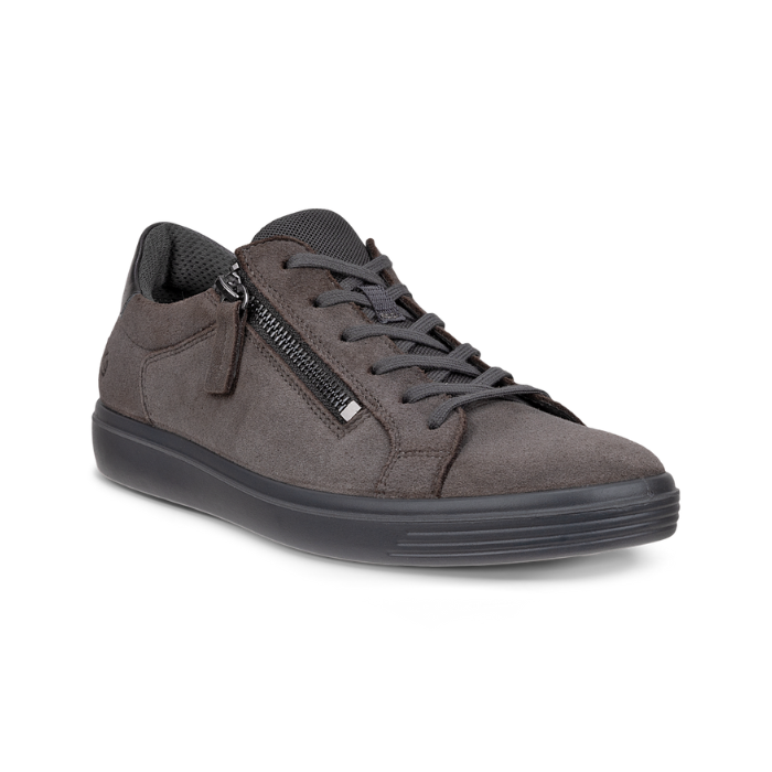 Magnet grey coloured nubuck sneaker with laces and side zipper on a black outsole.