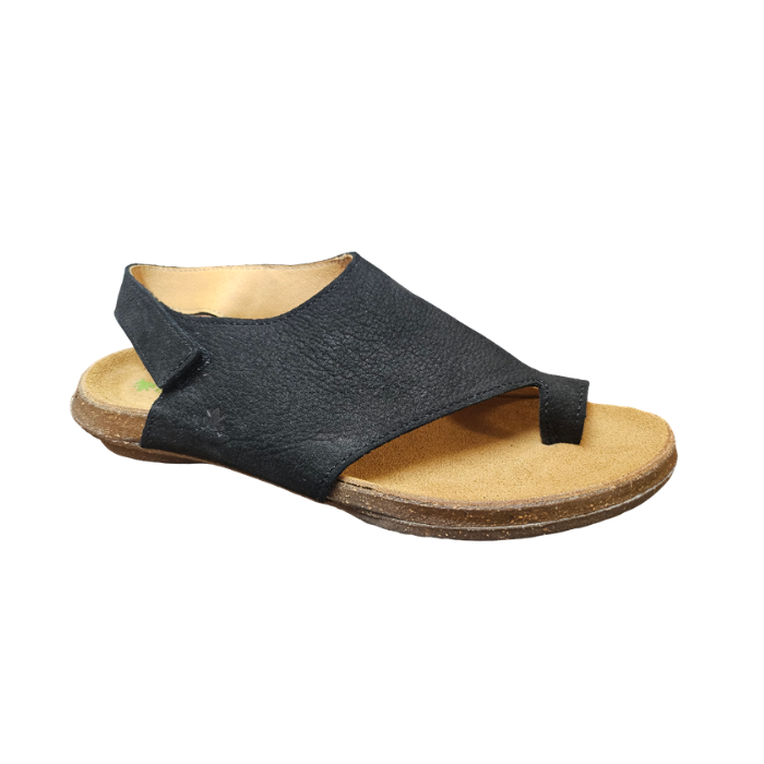 Black toe-loop slingback sandal with a brown footbed and outsole.