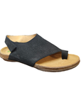Black toe-loop slingback sandal with a brown footbed and outsole.