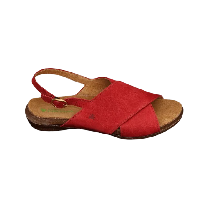 Red slingback sandal with thick crossing straps over vamp and a brown thin outsole.