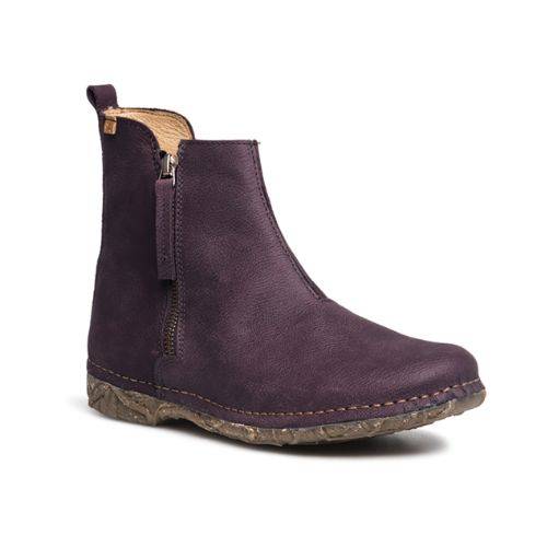Purple leather ankle boot with outside zipper and textured brown rubber/cork sole.