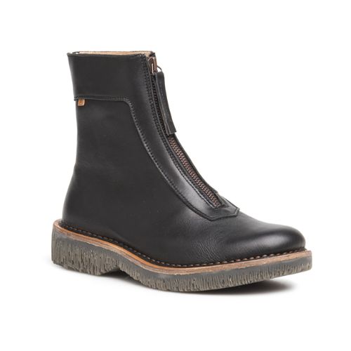 A black leather mid boot with a front zipper and a natural rubber outsole.