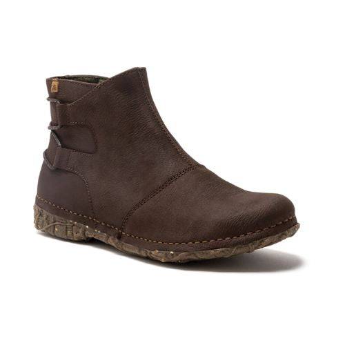 Brown leather ankle boot with decorative brown cording around the back. The outsole is a brown cork/rubber. 