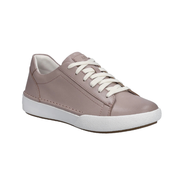 A Josef Seibel sneaker in soft mauve leather with white laces and a white midsole.