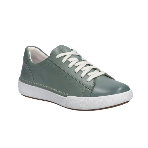 A Josef Seibel sneaker in sage leather with white laces and a white midsole.