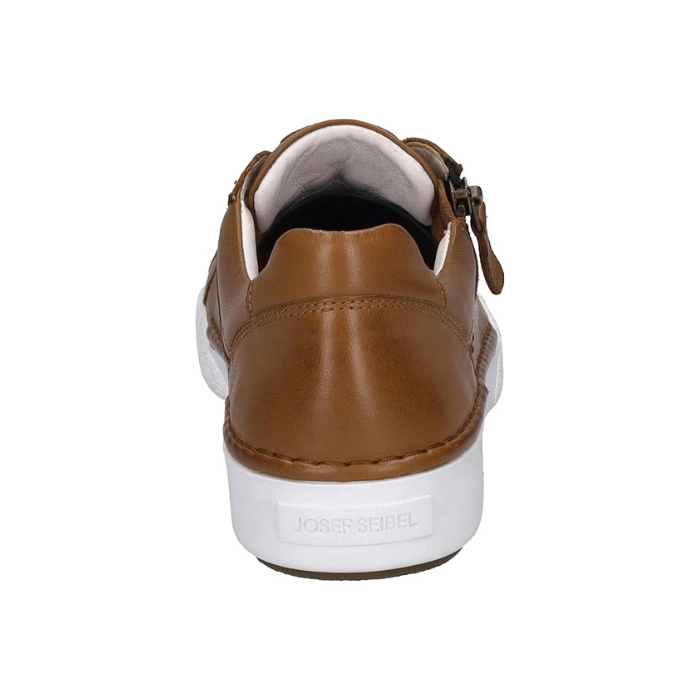Heel of camel brown leather sneaker with laces, side zipper, white lining and white midsole.