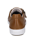 Heel of camel brown leather sneaker with laces, side zipper, white lining and white midsole.