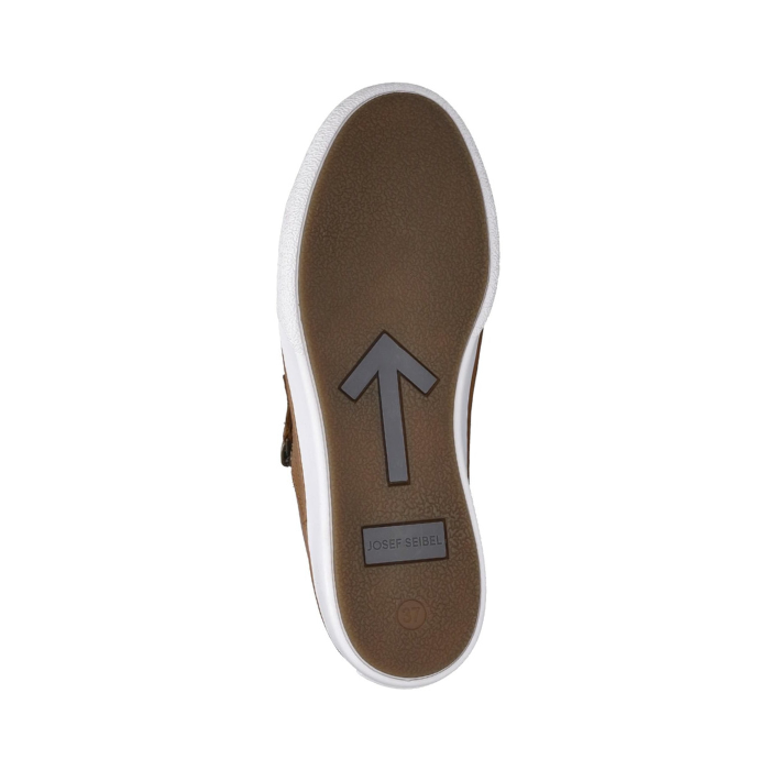 Brown shoe light textured outsole with a gray arrow and Josef Seibel logo on heel.