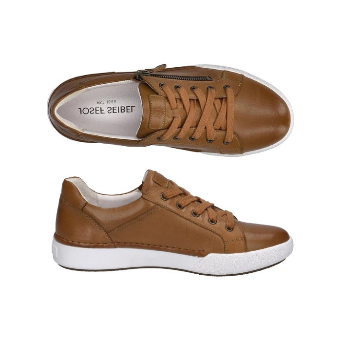 Pair of Camel brown leather sneakers with laces, side zipper, white Josef Seibel logo'd footbed and white midsole.