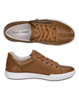 Pair of Camel brown leather sneakers with laces, side zipper, white Josef Seibel logo'd footbed and white midsole.