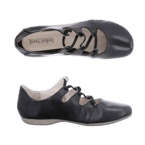 Black leather womens shoe with cut-out design, low heel, and rubber outsole shown in views.