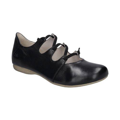Black leather shoes with a rubber outsole and crisscrossed elastic straps.