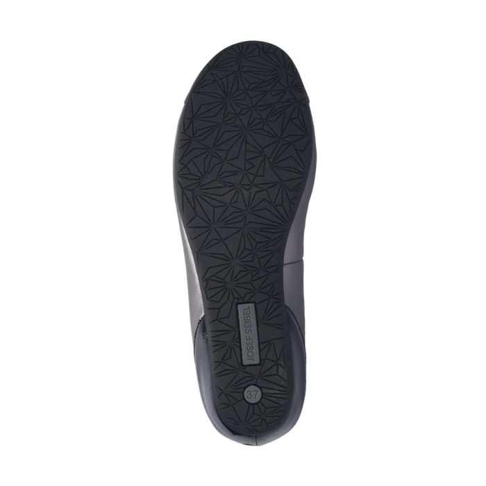 Black shoe outsole with geometric pattern and grey Josef Seibel logo at heel.