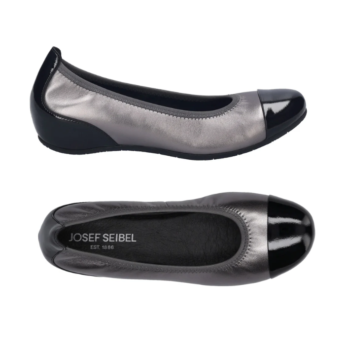 Pair of dark silver leather flat with black patent toe cap, black Josef Seibel logo'd footbed and black rubber outsole.