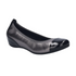 Dark silver leather flat with black patent toe cap and black rubber outsole.