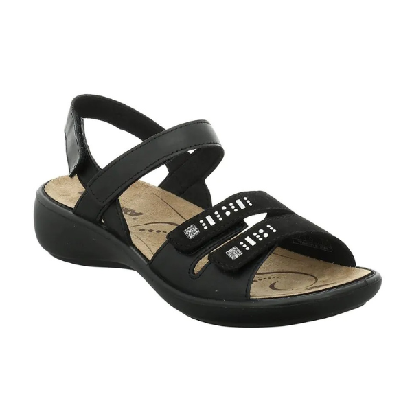 Josef Seibel Ibiza 86 Sandal in black with orthotic-friendly design, adjustable straps, and decorative metal accents.