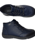 Pair of A dark navy blue leather lace-up ankle boots with inside zippers,  burnishing details, grey Josef Seibel logo'd footbed and a black outsole.