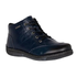 A dark navy blue leather lace-up ankle boot with  burnishing details and a black outsole.