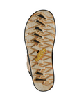 Beige geometric patterned outsole with distressed dark brown accents and yellow Keen logo in middle.