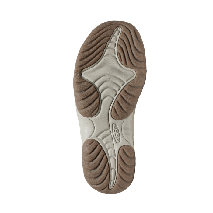 Brown and Beige rugged outsole of thong sandal with Keen logo on edge.