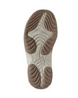 Brown and Beige rugged outsole of thong sandal with Keen logo on edge.