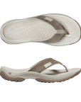 Pair of beige thong sandals with white textured footbed and rugged outsole.