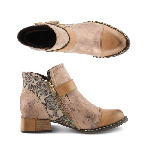 Pair of A beige and brown leather ankle boots with floral details, featuring a side zipper and metal hardware.