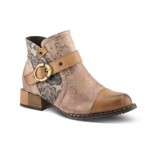 A beige and brown leather ankle boot with floral details, featuring a side zipper and metal hardware.