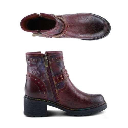 Pair of A burgundy ankle boot with hand-painted floral details, a stud inlay, inside zipper and a rubber platform outsole.