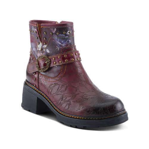 A burgundy ankle boot with hand-painted floral details, a stud inlay, and a rubber platform outsole.