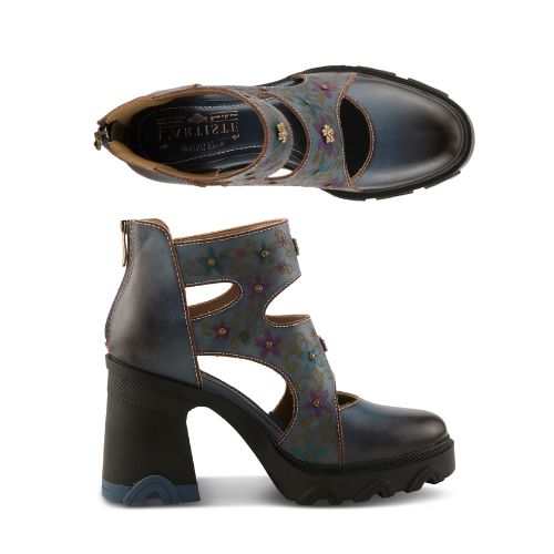 Pair of blue leather sculpted chunky block heel shoe with hand-painted floral pattern, cut out accents, 3d floral charms and a zipper at heel.
