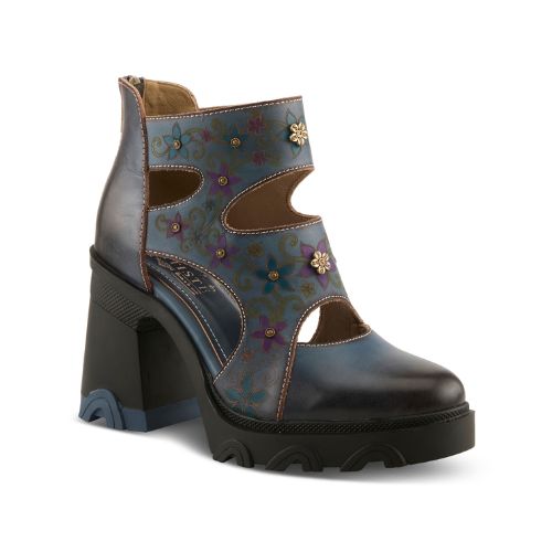 Blue leather sculpted chunky block heel  shoe with hand-painted floral pattern,  cut out accents, 3d floral charms and a zipper at heel.