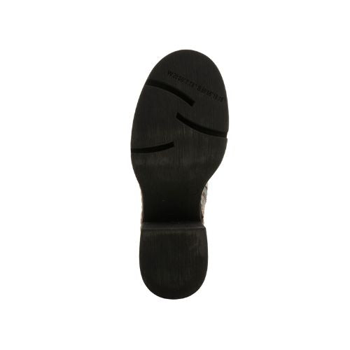 Black rubber outsole with low block heel.