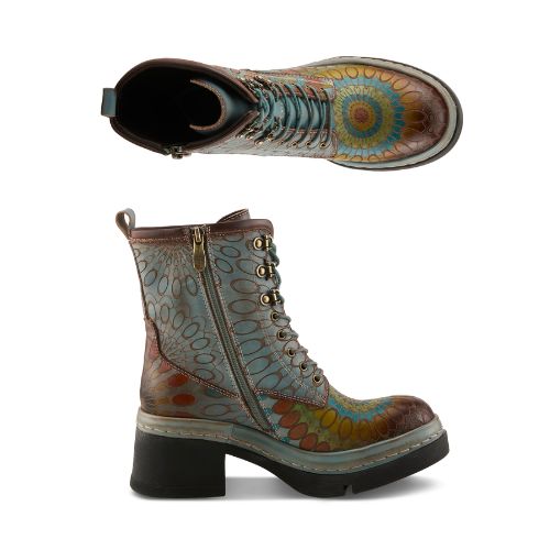 A pair of platform combat boots with a kaleidoscope-inspired design, blue laces, inside zipper and low block heel, lugged rubber outsole..