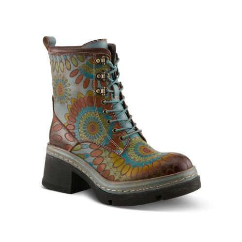 A platform combat boot with a kaleidoscope-inspired design, featuring a mix of multicolor geometric patterns and low block heel, lugged rubber outsole..