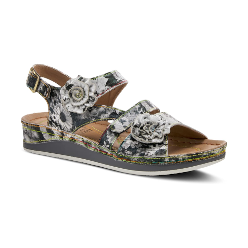 Grey floral sandals with backstrap, rainbow stitching and thick rubber outsole.