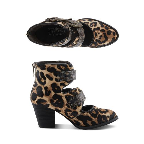 Pair of A leopard print ankle boots with open front, two adjustable vintage metal buckles and a block heel.