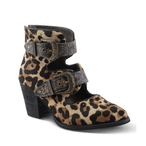 A leopard print ankle boot with open front, two adjustable vintage metal buckles and a block heel.