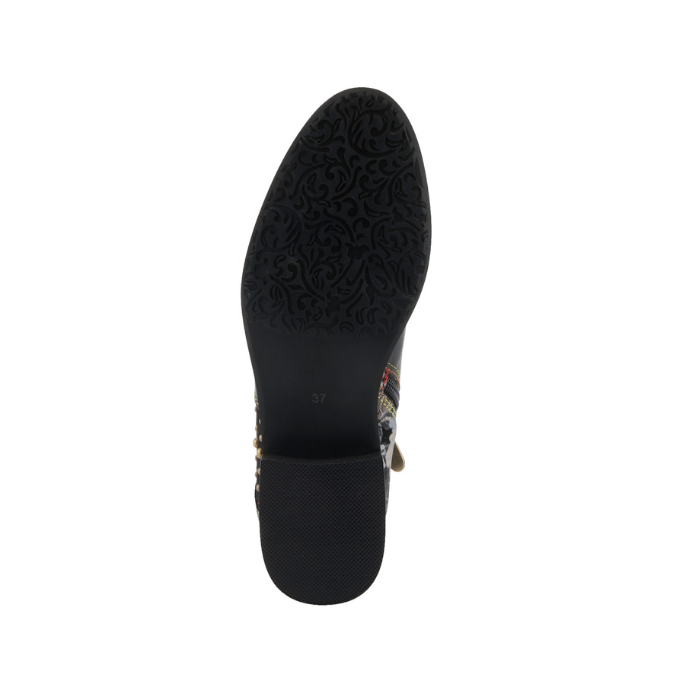 Black rubber outsole with a flower and vine tread pattern at the ball of the foot and a light treaded low block heel.