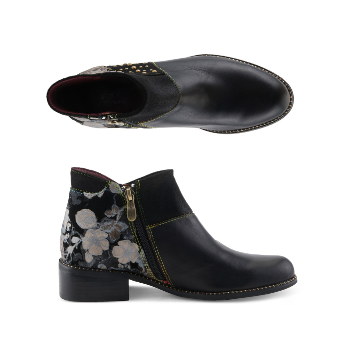 Pair of black leather ankle boot with a low block heel, gold-tone studs on the side, rainbow stitching detail, inside zipper and a floral-patterned heel panel.