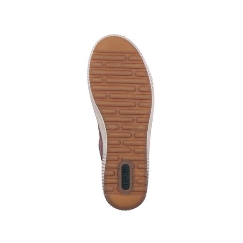 Brown rubber treaded outsole with green Remonte logo on heel.