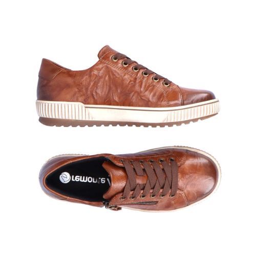 Pair of A brown leather lace-up sneakers with a zipper on the side, black Remonte logo'd footbed, an off-white midsole and brown outsoles.